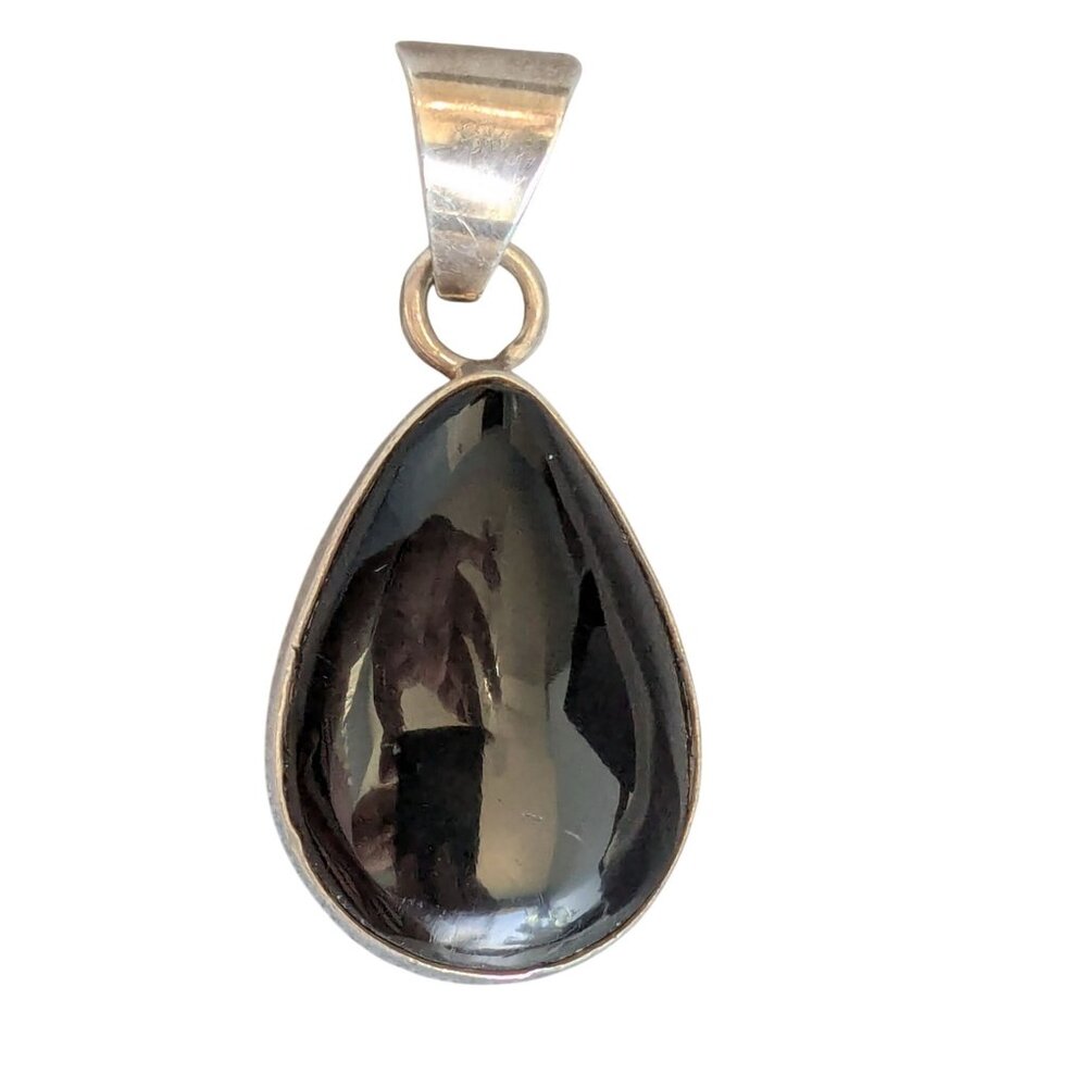 Sterling Silver Teardrop Black Onyx Pendant With Beveled Bail For Chain Jewelry